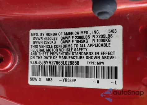 2003 Honda Element Ex from USA, damaged, VIN 5J6YH27663L026858